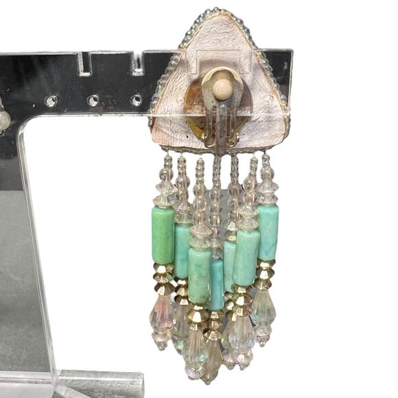 Single Vintage Turquoise Triangle Statement Earring Crystal Fringe - Picture 4 of 11